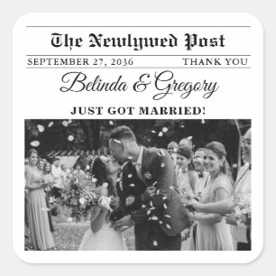 Wedding Newspaper Fun Black & White Photo Favour Square Sticker
