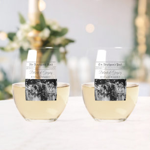 Wedding Newspaper Fun Black & White Photo Keepsake Stemless Wine Glass