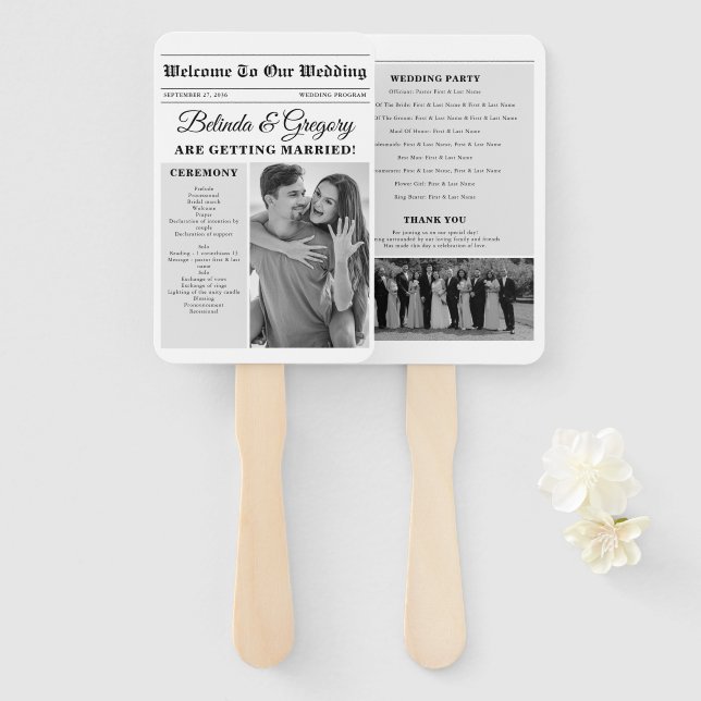 Wedding Newspaper Fun Black White Photo Program Hand Fan (Front and Back)