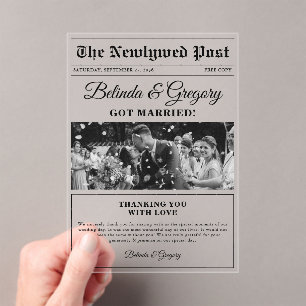 Wedding Newspaper Fun Black White Photo Thank You Acrylic Invitations