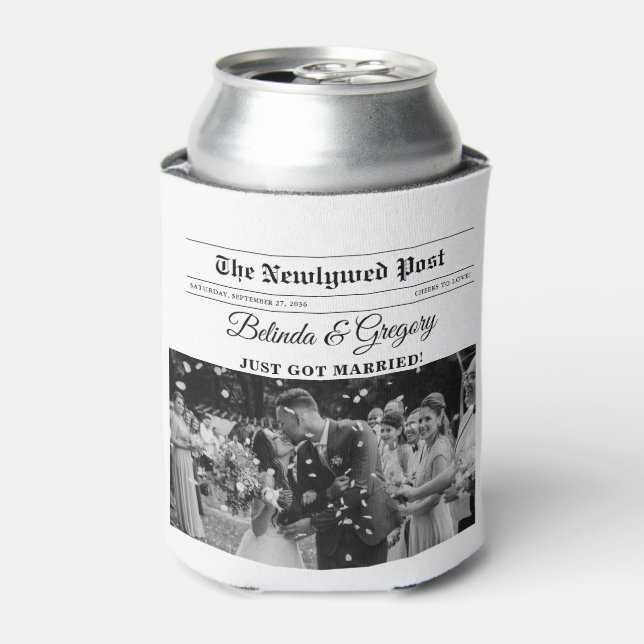 Wedding Newspaper Fun Black & White Photo Wedding  Can Cooler (Can Front)
