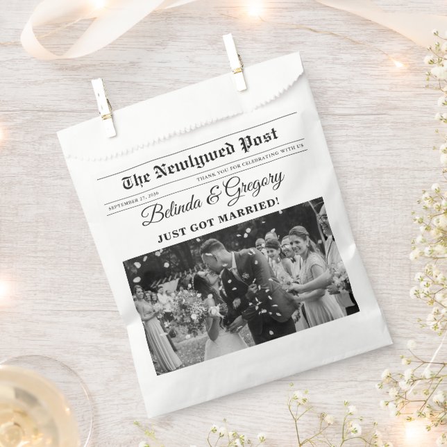 Wedding Newspaper Fun Black & White Photo Wedding  Favour Bags (Clipped)