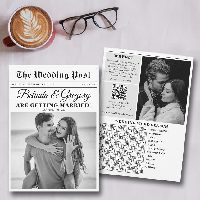 Wedding Newspaper Fun Black & White Photo Wedding  Invitation (Wedding Newspaper Fun Black & White Photo Wedding Invitation)