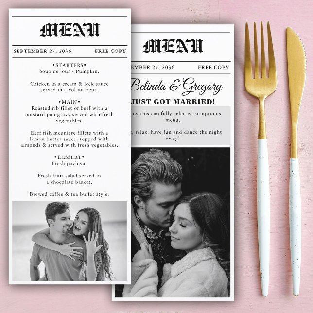 Wedding Newspaper Fun Black & White Photo Wedding  Menu (Wedding Newspaper Fun Black & White Photo Wedding Menu)