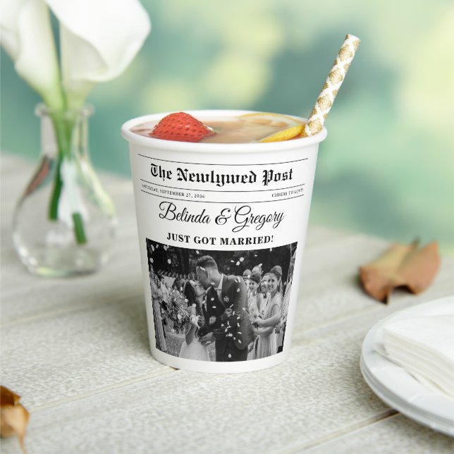 Wedding Newspaper Fun Black & White Photo Wedding  Paper Cups (Insitu)
