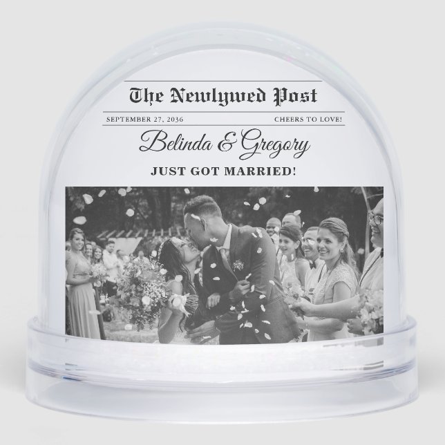 Wedding Newspaper Fun Black & White Photo Wedding  Snowglobe (Front)