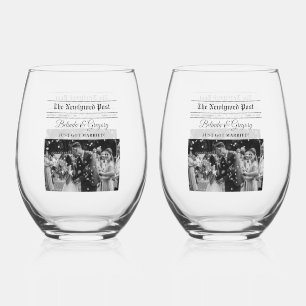 Wedding Newspaper Fun Black & White Photo Wedding  Stemless Wine Glass