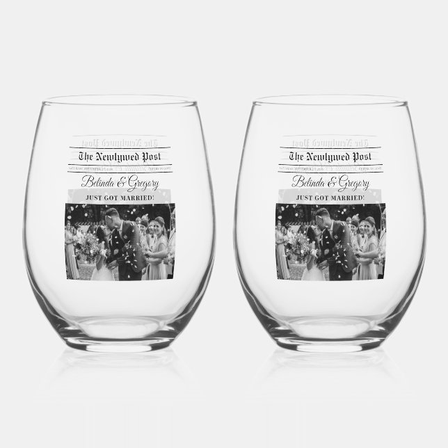 Wedding Newspaper Fun Black & White Photo Wedding  Stemless Wine Glass (Front)