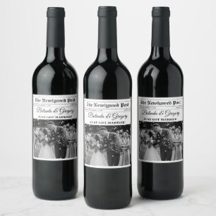 Wedding Newspaper Fun Black & White Photo Wedding Wine Label