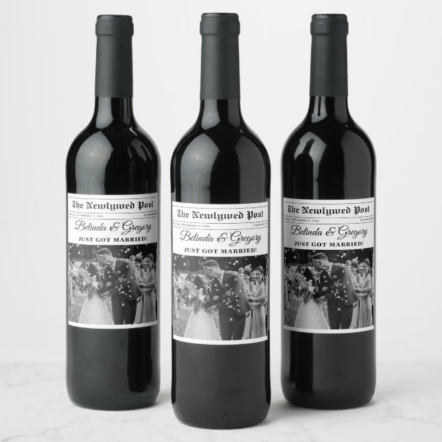 Wedding Newspaper Fun Black & White Photo Wedding  Wine Label (Bottles)