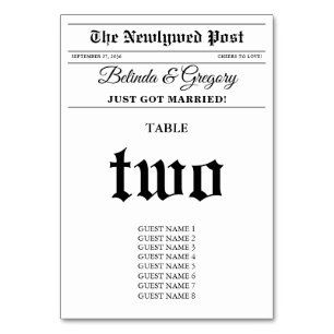 Wedding Newspaper Fun Black & White Wedding  Table Number
