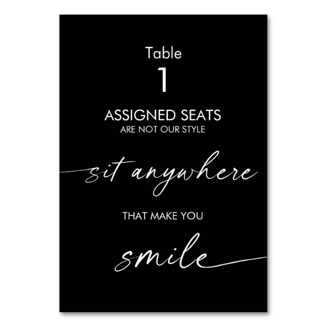 Wedding No Assigned Seats, Sit Anywhere Sign Table Number (Front)