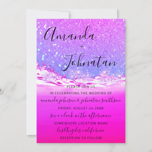 Wedding Ocean Spark Waves Aloha Pink Ombre Invitation (Front)
