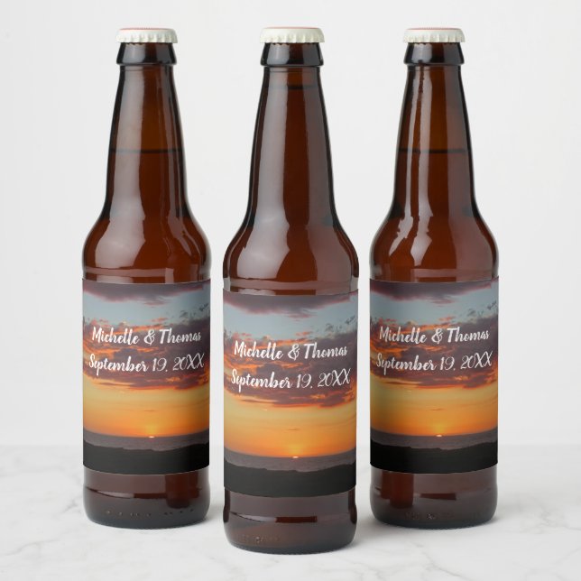Wedding Ocean Sunset Bright Orange Sky Beach Beer Bottle Label (Bottles)