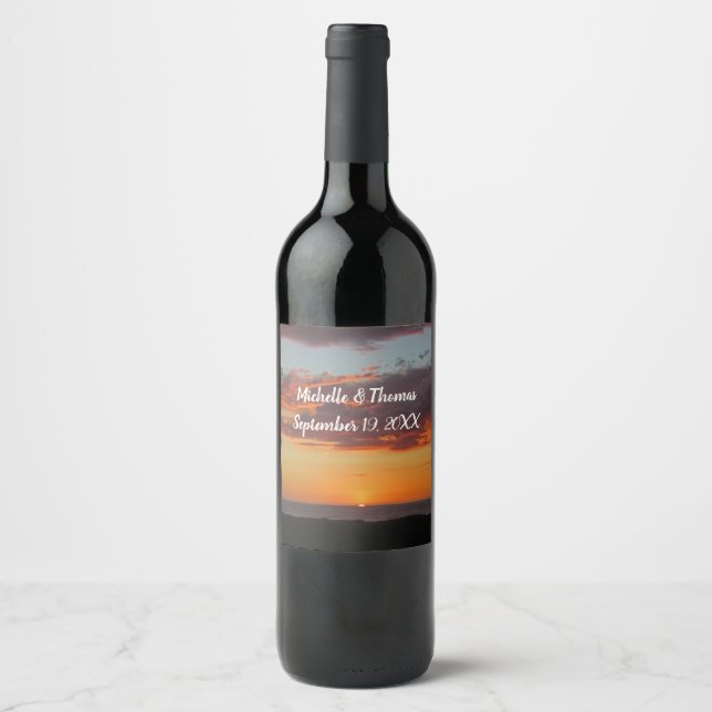 Wedding Ocean Sunset Bright Orange Sky Beach Wine Label (Front)