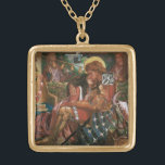 Wedding of St George, Princess Sabra by Rossetti Gold Plated Necklace<br><div class="desc">The Wedding of St. George and the Princess Sabra (1857) by Dante Rossetti is a vintage Victorian Pre-Raphaelite fine art love and romance portrait painting. A romantic mediaeval scene with Princess Sabra threading a lock of her hair through St George's helmet. A classic fairy tale with a knight in shining...</div>