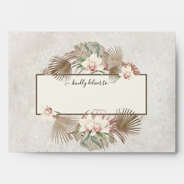 Wedding Off White Floral Orchid Monstera Leaf Envelope (Front)