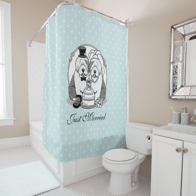 Wedding Old English Sheepdogs Bride Groom Grey 1 Shower Curtain (In Situ)