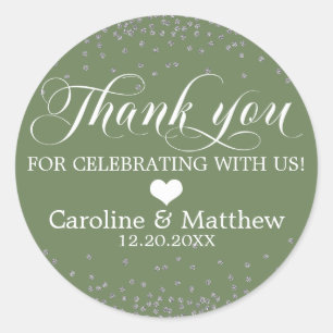 Wedding Olive Green Sparkle Silver THANK YOU Classic Round Sticker
