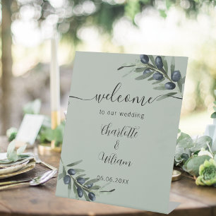 Wedding olive leaf greenery welcome pedestal sign