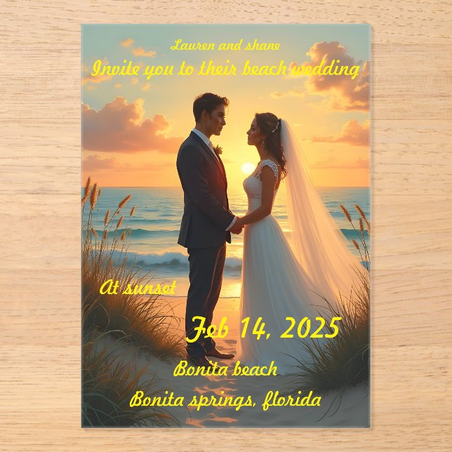 Wedding on the beach at sunset acrylic invitations (Front)