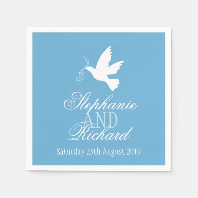 Wedding one white doves blue custom napkins (Front)