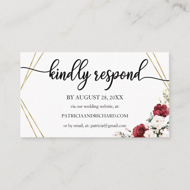 Wedding Online RSVP Burgundy Floral Geometric Enclosure Card (Front)
