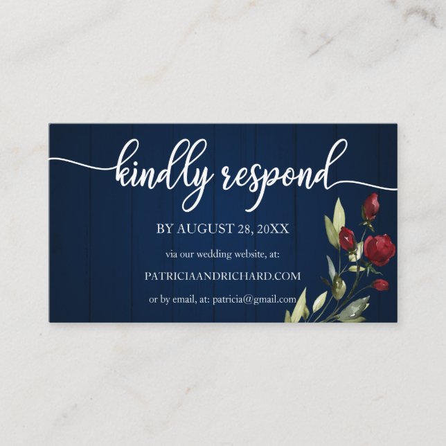 Wedding Online RSVP Burgundy Navy Blue Floral Enclosure Card (Front)