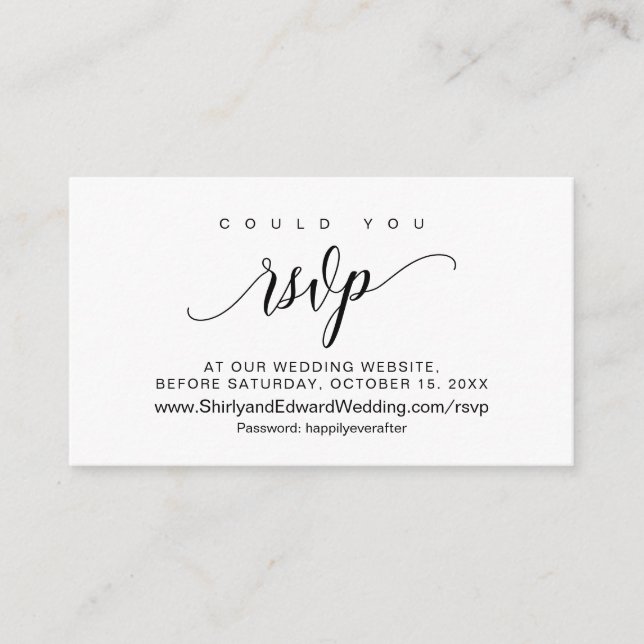 Wedding online RSVP, Modern Black Script Enclosure Card (Front)