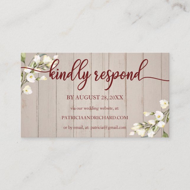 Wedding Online RSVP White Floral Rustic Wood Enclo Enclosure Card (Front)