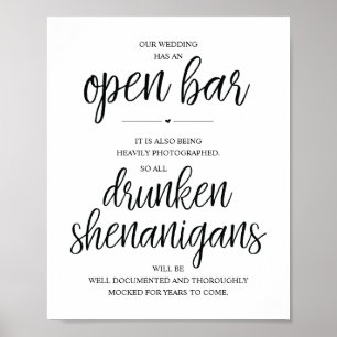 Wedding Open Bar, drunken shenanigans sign