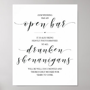 Wedding Open Bar, drunken shenanigans sign