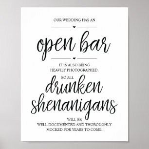 Wedding Open Bar, drunken shenanigans sign