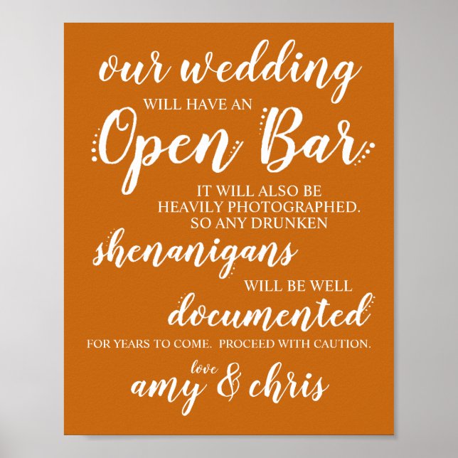 Wedding Open Bar Funny Drunken Shenanigans Sign W (Front)