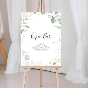 Wedding Open Bar Gold Eucalyptus Calligraphy Sign