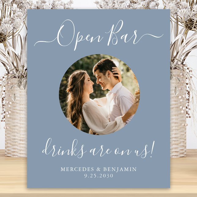 Wedding Open Bar Personalized Dusty Blue Photo Poster (Creator Uploaded)
