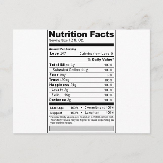 Wedding or Anniversary Sweet Funny Nutrition Label Postcard (Front)