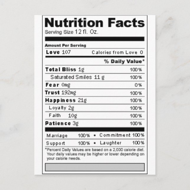 Wedding or Anniversary Sweet Funny Nutrition Label Postcard (Front)