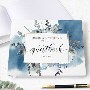 Wedding or Other, Blue Watercolor and Floral Guest Book