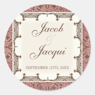 Wedding or Shower Stickers - Pink Brown Damask