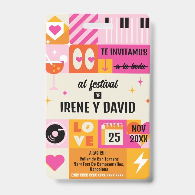 Wedding Orange and Pink Festival Retro WedFest ID Badge (Front)