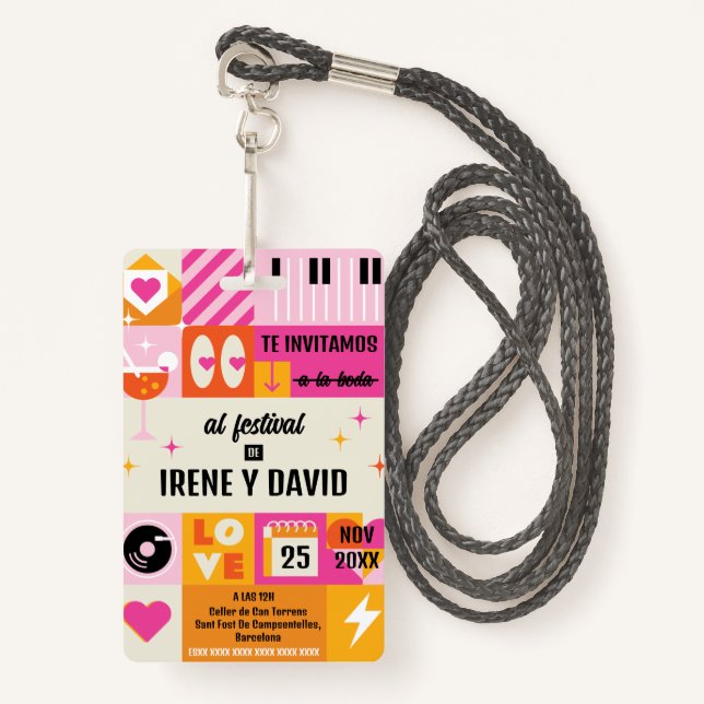 Wedding Orange and Pink Festival Retro WedFest ID Badge (Front with Lanyard)