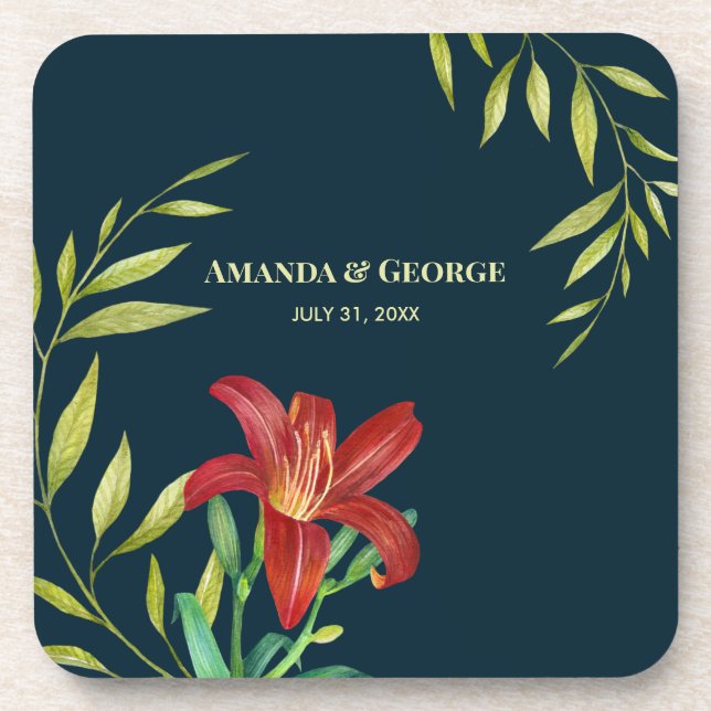 Wedding Orange Lily Illustration Dark Turquoise Coaster (Front)
