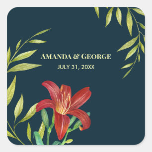 Wedding Orange Lily Illustration Dark Turquoise Square Sticker