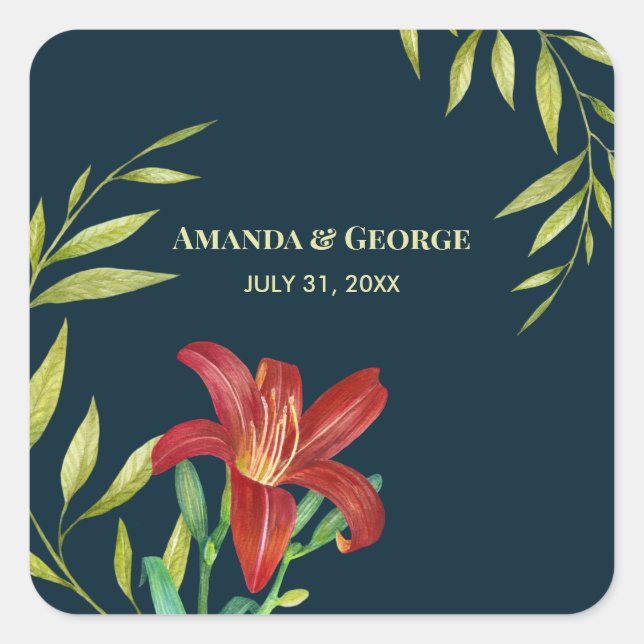 Wedding Orange Lily Illustration Dark Turquoise Square Sticker (Front)