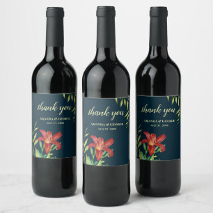 Wedding Orange Lily Illustration Dark Turquoise Wine Label