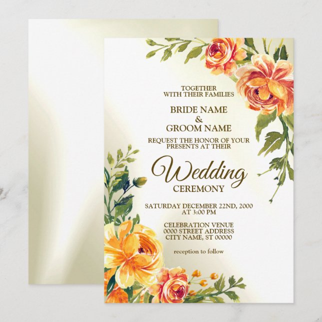 Wedding Orange Yellow Red Floral Greenery Modern Invitation (Front/Back)