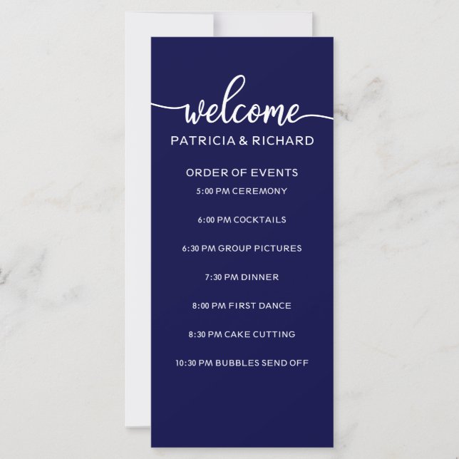 Wedding Order of Events Chic Navy Blue and White (Front)