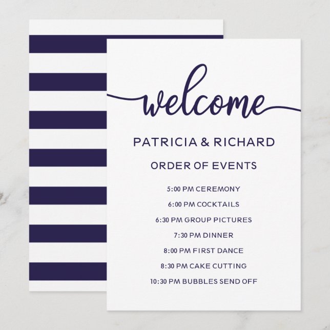 Wedding Order of Events Chic Navy Blue Schedule Invitation (Front/Back)