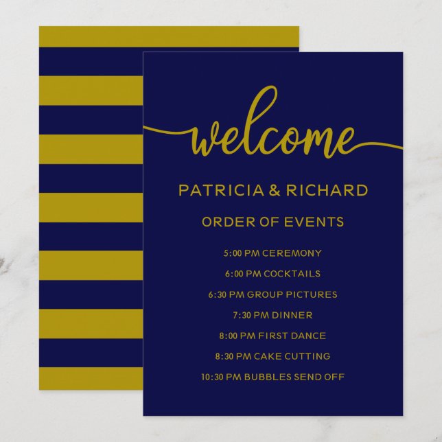 Wedding Order of Events Gold Navy Blue Schedule Invitation (Front/Back)